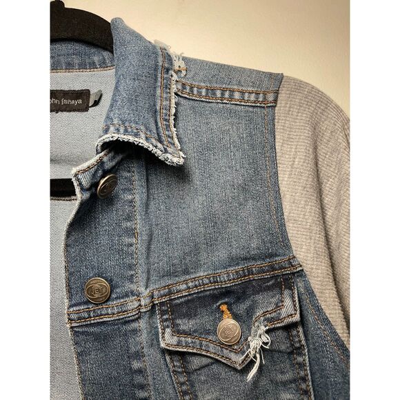JET John Eshaya Denim Fray Jacket Grey Cotton Sleeves Country Cowboy Y2K‎ Size S - Picture 5 of 6